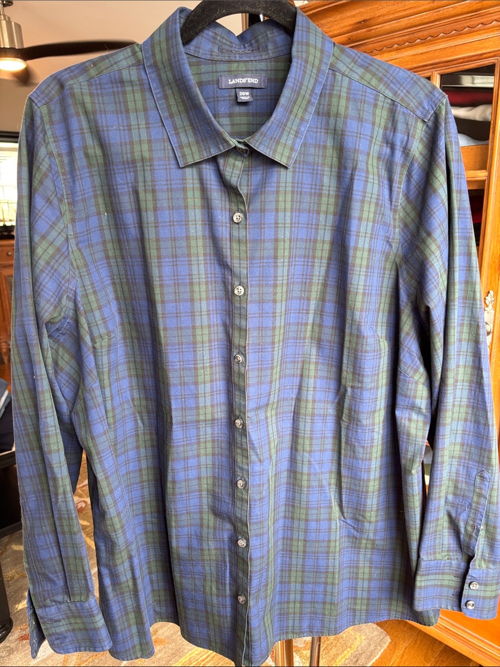 Lands' End Women's Blue and Green Plaid Button-Down Shirt